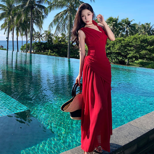 2025 Pure lust wind thin slanted shoulder red dress women's summer high waist sleeveless long dress high temperament vacation dating dress