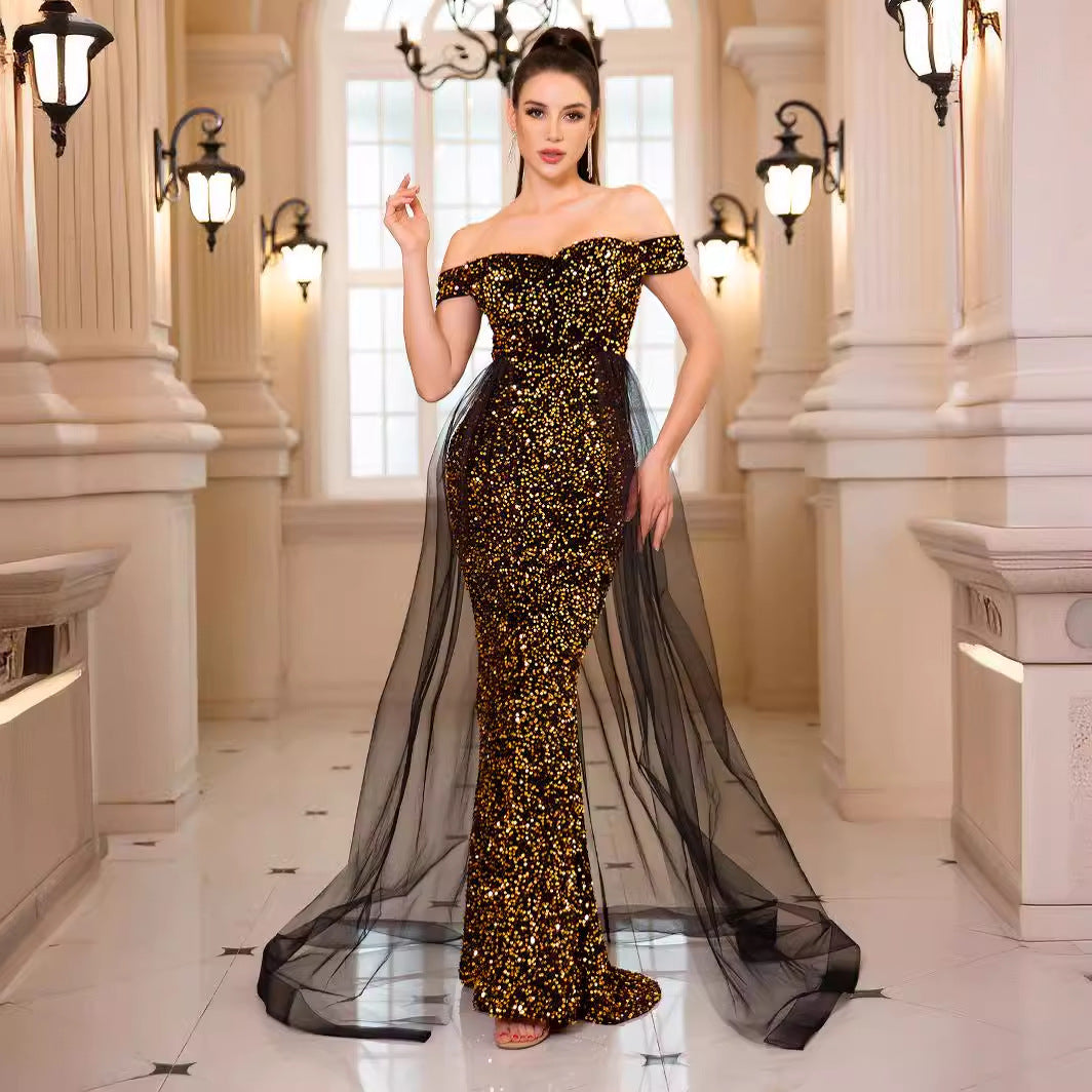 2025 sequined evening dress popular new autumn heavy industry fishtail long hosting banquet one-word shoulder annual meeting dress