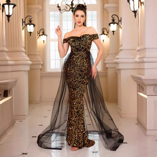 2025 sequined evening dress popular new autumn heavy industry fishtail long hosting banquet one-word shoulder annual meeting dress