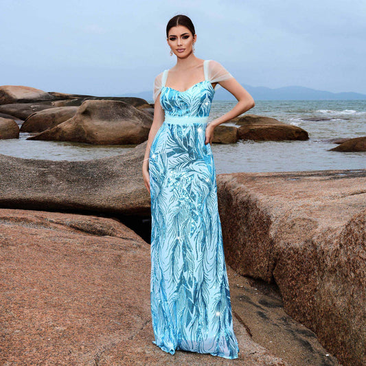 2025 sleeveless temperament square collar sexy slim long sequined banquet evening dress bridesmaid dress women