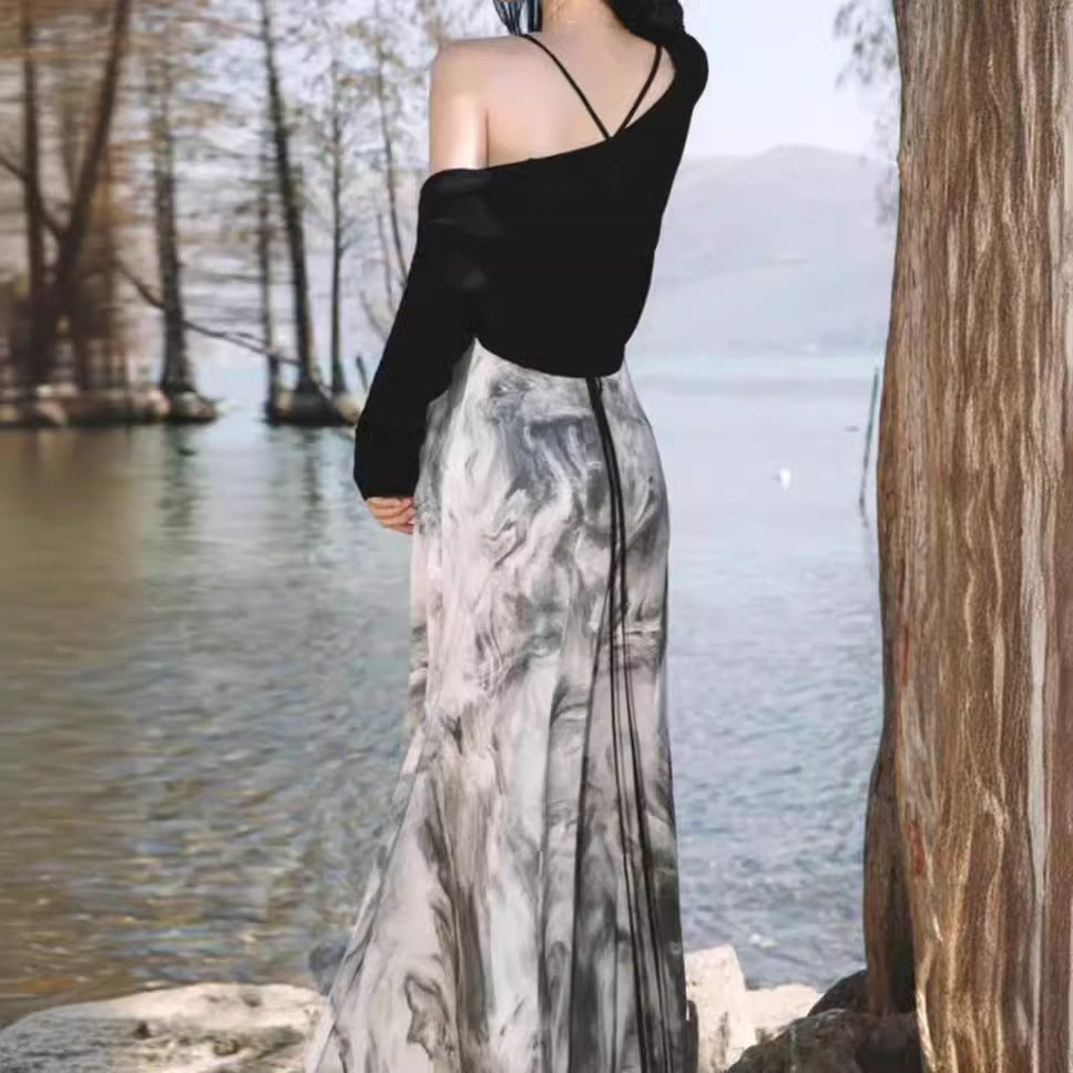 2025 Spot new Chinese ink painting swing collar sling backless dress floating rope and knitted sunscreen shawl super fairy set