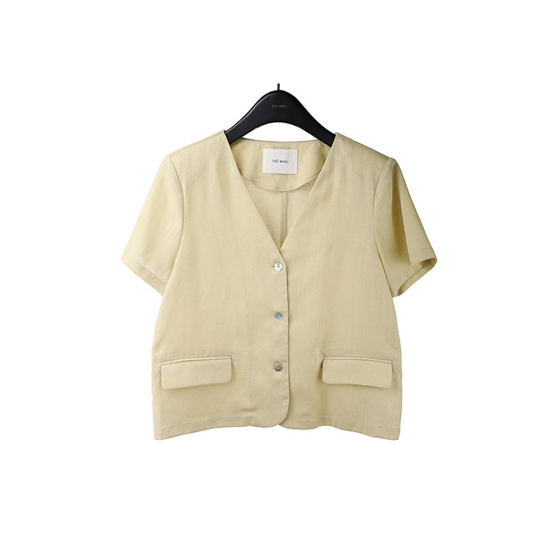 2025  Tencel linen premium shirt 2025 summer Korean version simple short-sleeved blazer T5029X