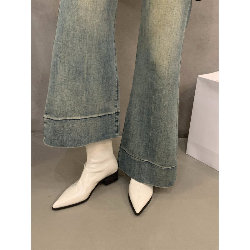 2025 Korean small bare boots black pointed short boots women's shoes popular new autumn and winter Popular style white thick heel thin boots