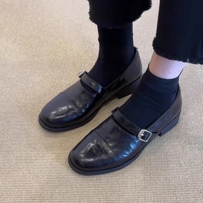 2025 Spot cowhide version~ retro minimalist style round head small leather shoes women's belt buckle Mary Jane single shoes thick heel loafers