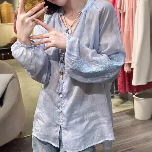 2025 High-end  early spring new 100 ramie sequined embroidery decoration fashionable loose and thin Popular shirt