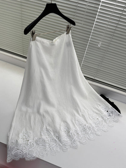 2025 Heavy water-soluble lace splicing linen crew neck vest elegant skirt women, two-piece set