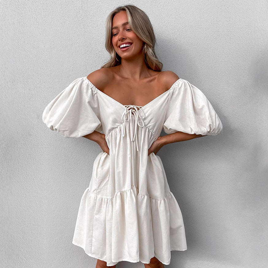 XAKXX khaki cotton and linen V-neck lace-up short-sleeved A-word dress 2025 early spring fashion new cross-border short skirt women