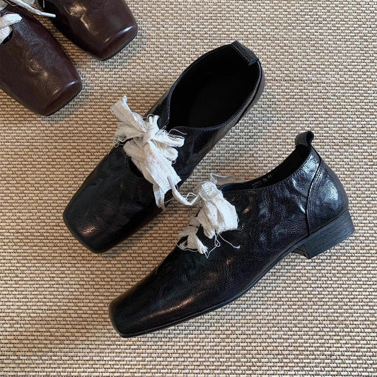2025 Cowhide version~ retro literary square head small leather shoes high sense thick heel front lace-up ballet style versatile single shoes women