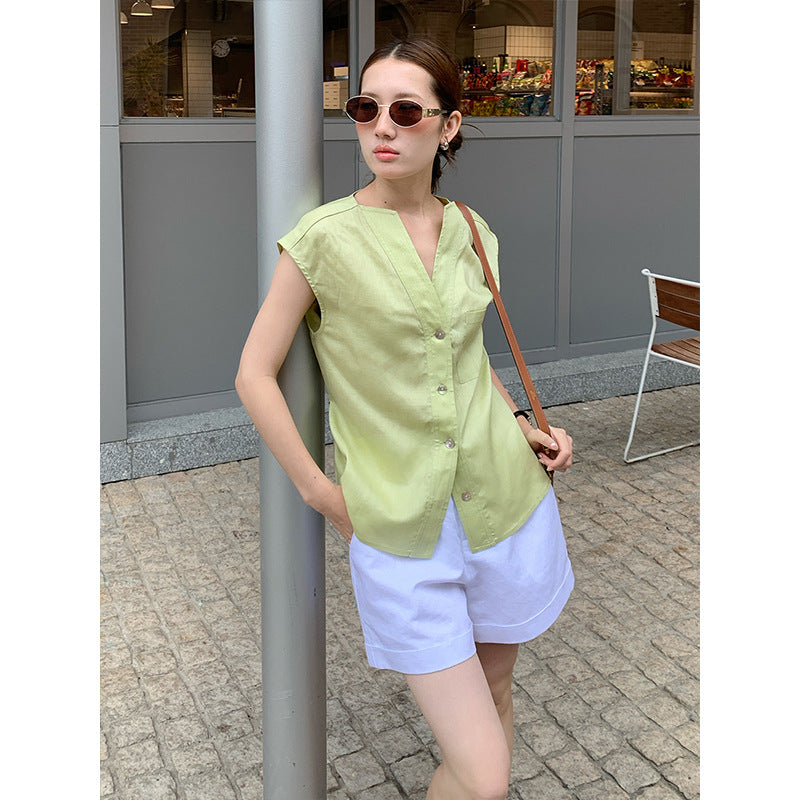 2025  Tencel linen lace-up sleeveless shirt women's 2025 summer new versatile cardigan top T5050X