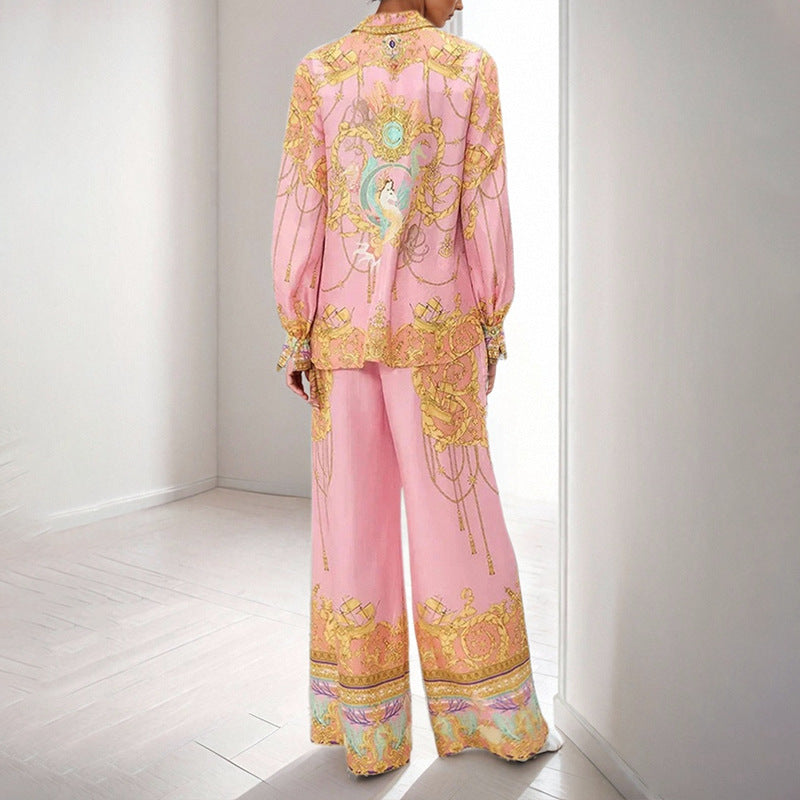 2025 2025 New women's clothing 2025 spring new temperament elegant court style printed shirt trousers New Year's suit