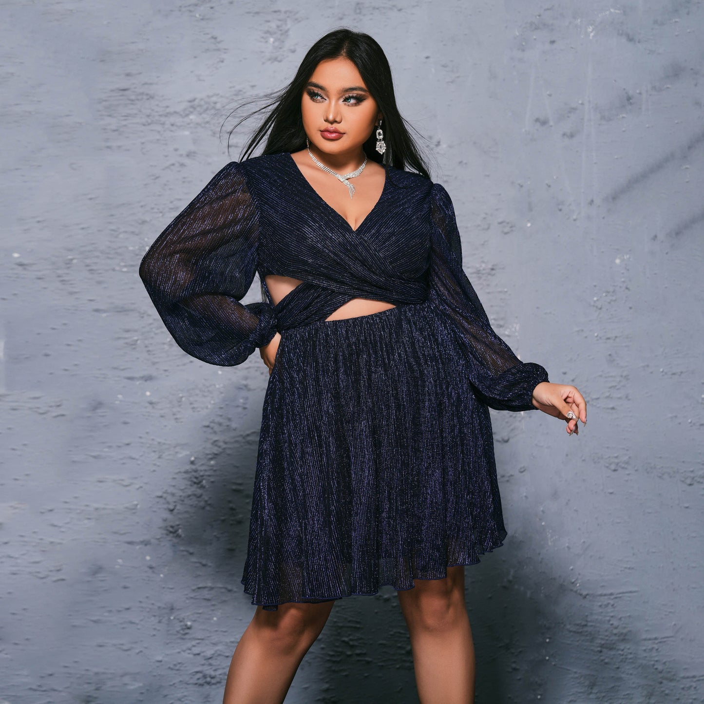 2025 Popular trade  fat mm large size women's clothing short long-sleeved V-neck banquet light luxury sexy evening dress dress