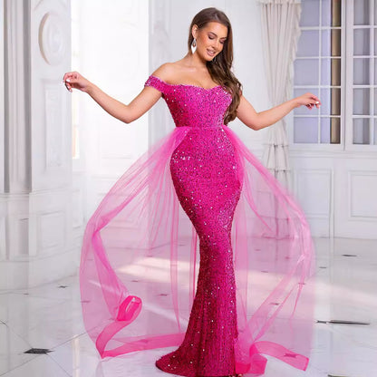 2025 sequined evening dress popular new autumn heavy industry fishtail long hosting banquet one-word shoulder annual meeting dress