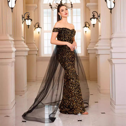2025 sequined evening dress popular new autumn heavy industry fishtail long hosting banquet one-word shoulder annual meeting dress
