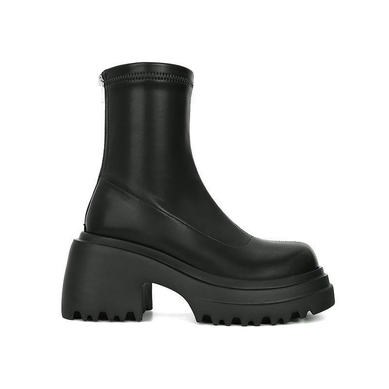 2025 Leg fine boots~ thick heel thick sole rear zipper leg elastic short boots female Martin thin boots