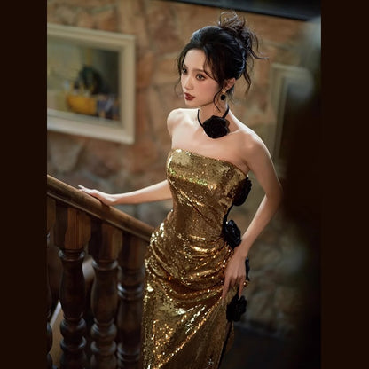2025 tube top evening dress skirt popular new bridal wedding gold sequined fishtail toast dress banquet host