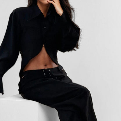 2025 2025 spring new 2025 women's clothing temperament casual shirt collar open navel hollow lace-up straight pants fashion suit