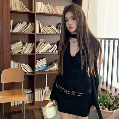 2025 Spice Girl V-Neck Ribbon Black Dress Children's Waist Slim Temperament Advanced Hip Wrap Short Dress Autumn