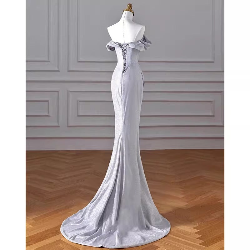 2025 Silver shoulder toast suit sexy slim annual meeting catwalk host evening dress fish tail waist dress women