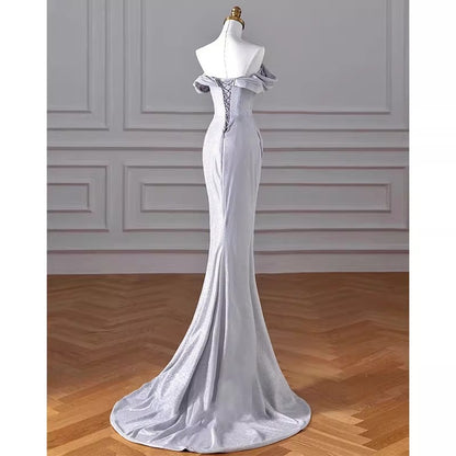 2025 Silver shoulder toast suit sexy slim annual meeting catwalk host evening dress fish tail waist dress women