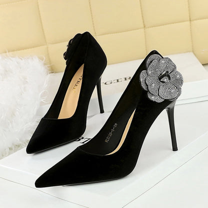 2025 3739-H59L  style thin rhinestone side flower high heels Xishi velvet thin heel super high heel single shoes women