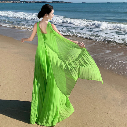 2025 romantic streamer neck skirt green pleated pendulum skirt seaside vacation photo beach skirt