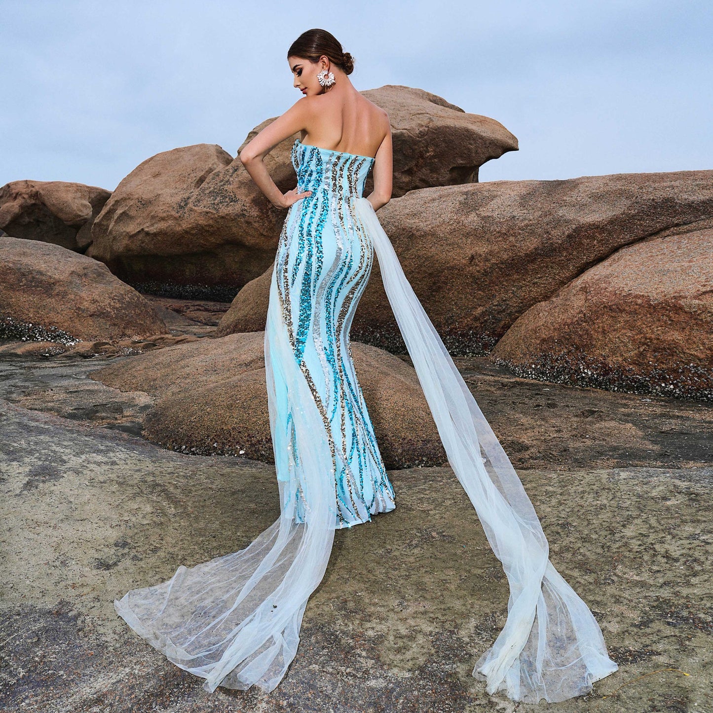 2025 temperament chest-wrapping collar sexy long sequined banquet streamer evening dress bridesmaid dress dress