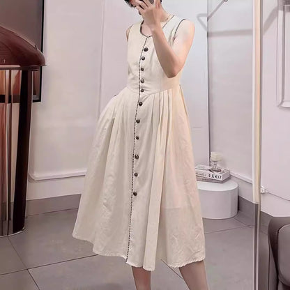 2025 Spot summer new vacation  retro style high-end sense thin sleeveless cotton and linen dress
