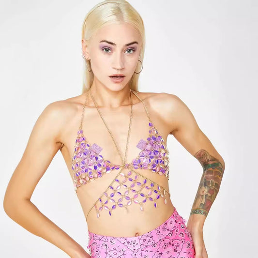 2025 MW3157  vest leaf shape sequined splicing neck V-neck chest wrap top small vest body chain