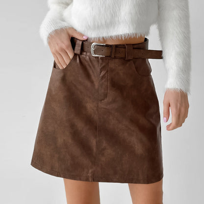 XAKXX Autumn and winter retro high-end brown faux leather high-waisted straight skirt 2025  temperament PU short skirt women