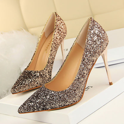 2025 9219-10  style women's shoes high heels light mouth pointed head sexy and thin nightclub color gradual change sequined single shoes