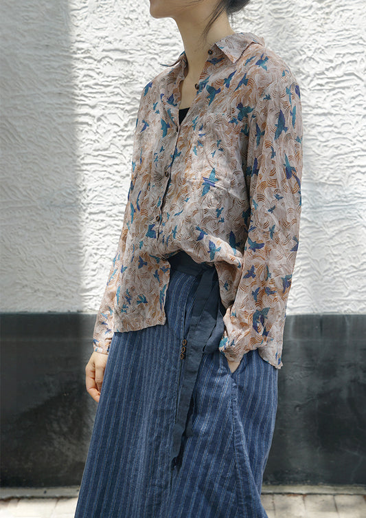casual literary ramie printed versatile shirt, Wenqing trendy loose sunshade long-sleeved top S21041