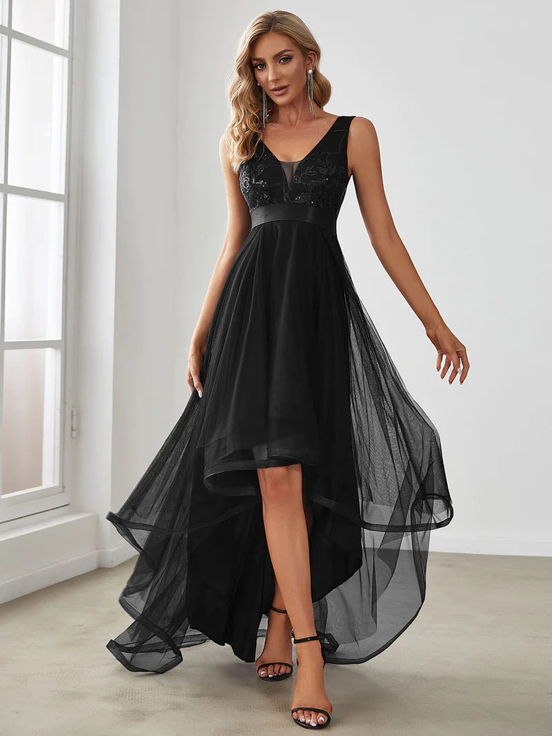 2025 2025 new  evening dress autumn new front short after long performance host birthday catwalk model dress