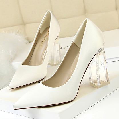 2025 2993-1 Korean version of fashion transparent crystal heel high heel satin light mouth pointed sexy high heels wedding shoes women's single shoes