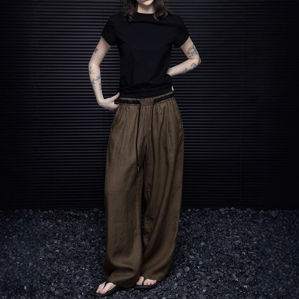 2025 Coffee casual linen wide-leg pants women's  spring new simple and versatile relaxation lazy wind