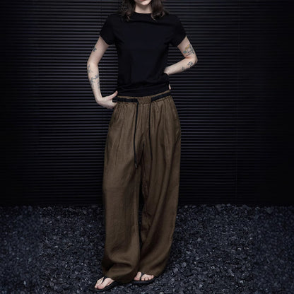 2025 Coffee casual linen wide-leg pants women's  spring new simple and versatile relaxation lazy wind