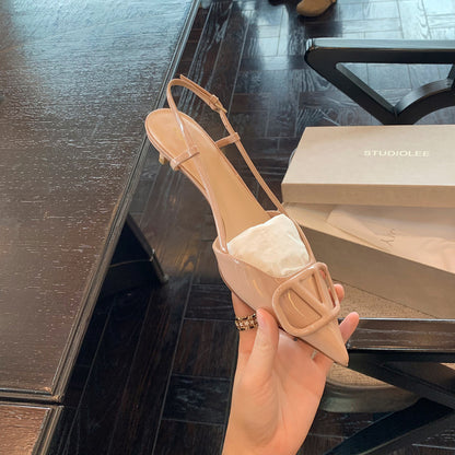 2025 Cowhide version~ Grape mother same shoes versatile temperament pointed V buckle high heels women patent leather rear empty heel sandals women