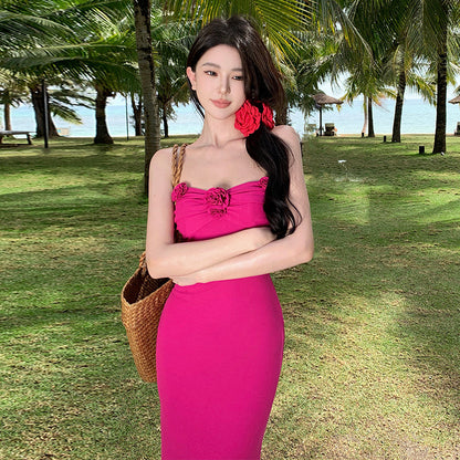 2025 Sexy tube top collarbone one-word shoulder dress women's senior sense vacation sexy rose red stepmother hip wrap long skirt