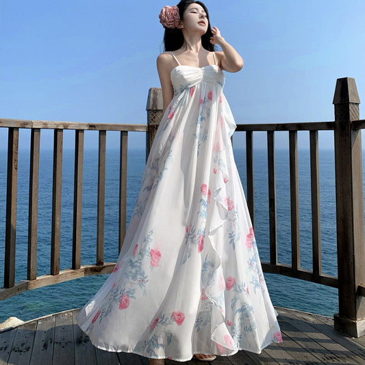 2025 Coffee break  gentle wind floral suspender dress seaside vacation chic unique super good-looking white fairy dress