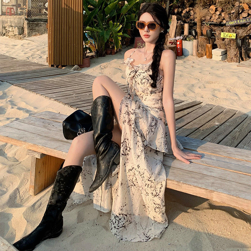 2025 Island dopamine beautiful vacation atmosphere pure desire Spice girl floral tube top irregular suspender elegant dress
