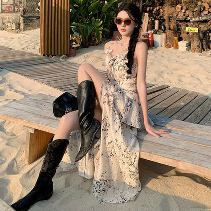 2025 Island dopamine beautiful vacation atmosphere pure desire Spice girl floral tube top irregular suspender elegant dress