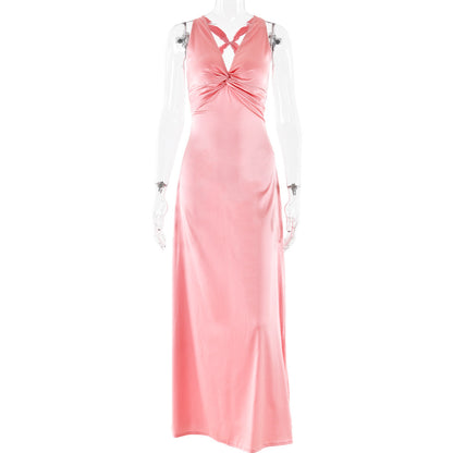 2025 New ins hot sales of new models, fashionable and sexy V-neck strap backless dress slim satin dress