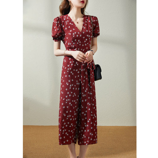 2025 Floral silk jumpsuit women's  summer short-sleeved V-neck high-waisted mulberry silk wide-leg pants women's fashion dress