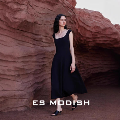 2025 ES MODISH spring new  high-end explosion square collar halter waist suspender small black dress dress women