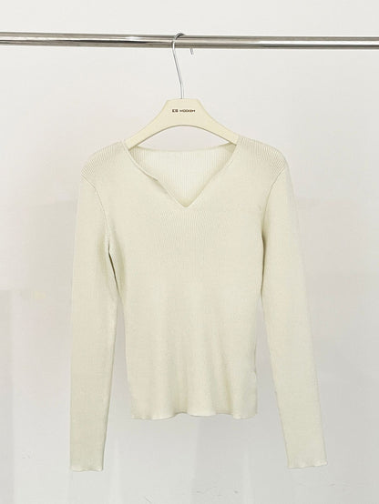 2025 ES MODISH spring new product elegant V-neck slim-fitting long-sleeved knitted sweater high-end Tencel top women