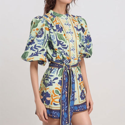 2025 2025 women's clothing 2025 spring new temperament retro printing court style bubble sleeve shirt belt shorts set