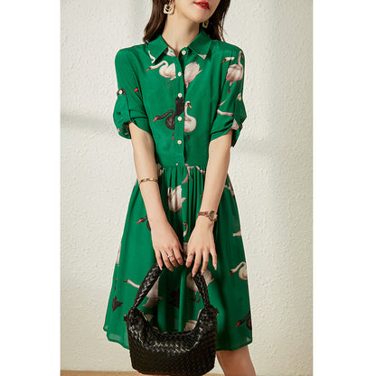 2025 Silk dress women's  summer new temperament slim print green mulberry silk shirt skirt
