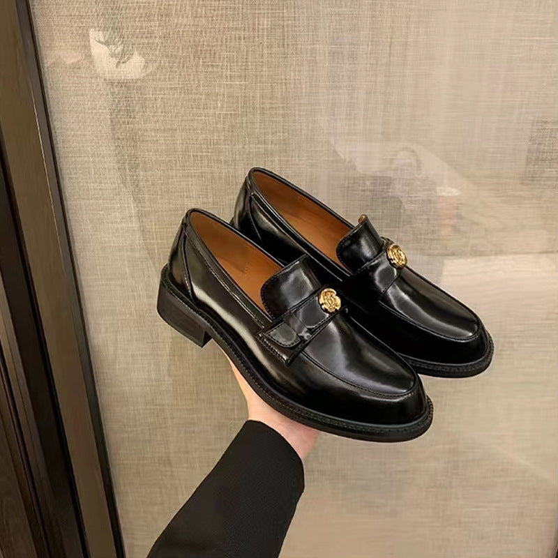 2025 Cowhide version~ Grape mother same  platform leather gold coin camellia loafers women's small leather shoes single shoes