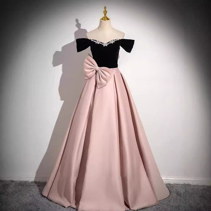 Pink evening dress 2025 new one-word shoulder super fairy  satin princess dress birthday party art test dress dress dress