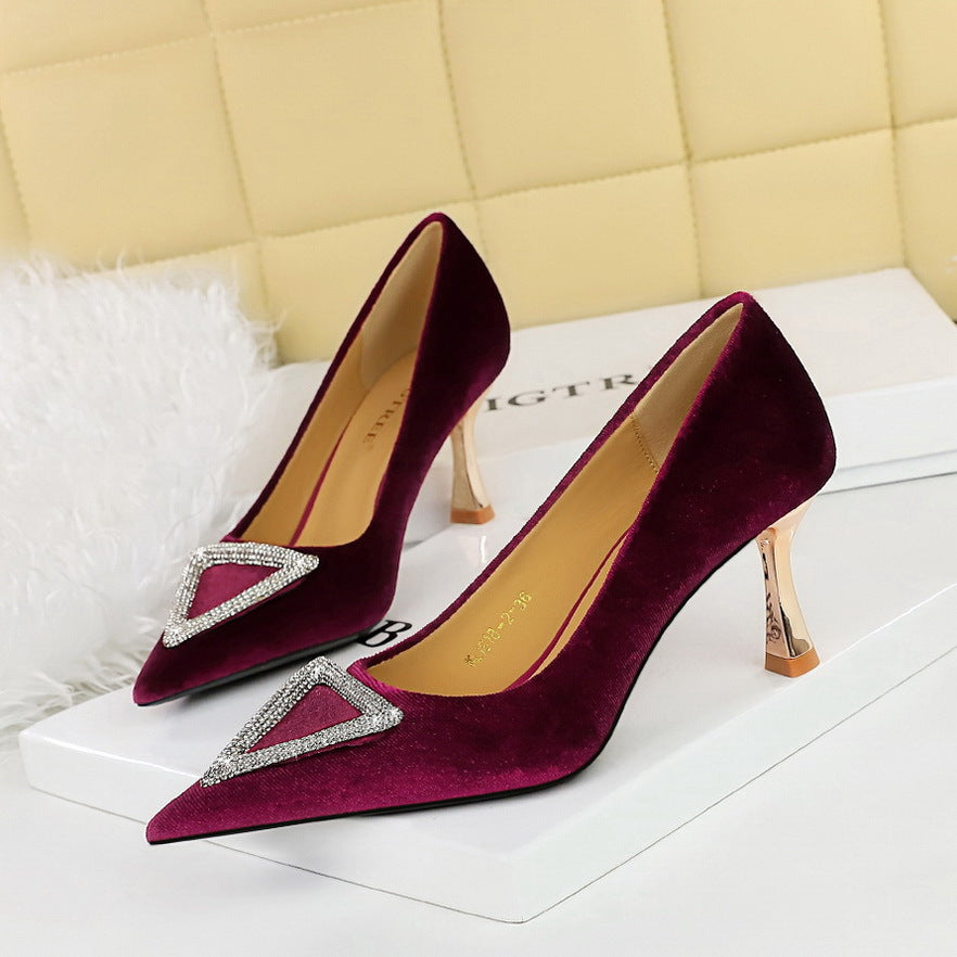 2025 1818-K36  style banquet high heels thickened suede shallow mouth pointed triangle metal rhinestone buckle single shoes