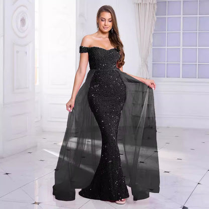 2025 sequined evening dress popular new autumn heavy industry fishtail long hosting banquet one-word shoulder annual meeting dress